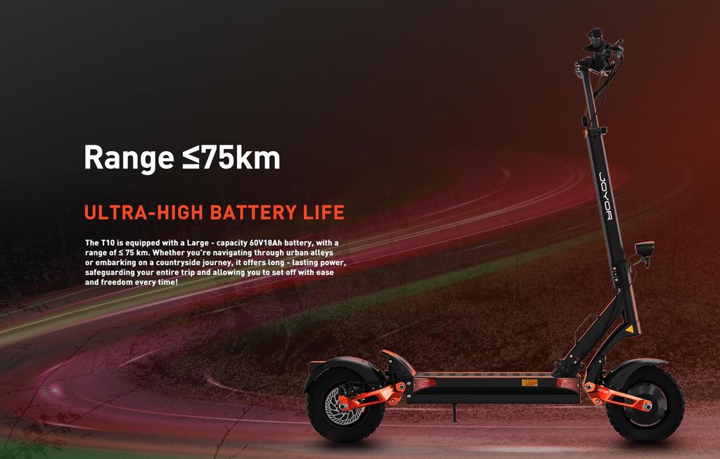 JOYOR T10 Foldable Electric Scooter 10" Tires 1000W*2 Dual Motors 60V18Ah Battery 60km/h Max Speed 75km Max Range