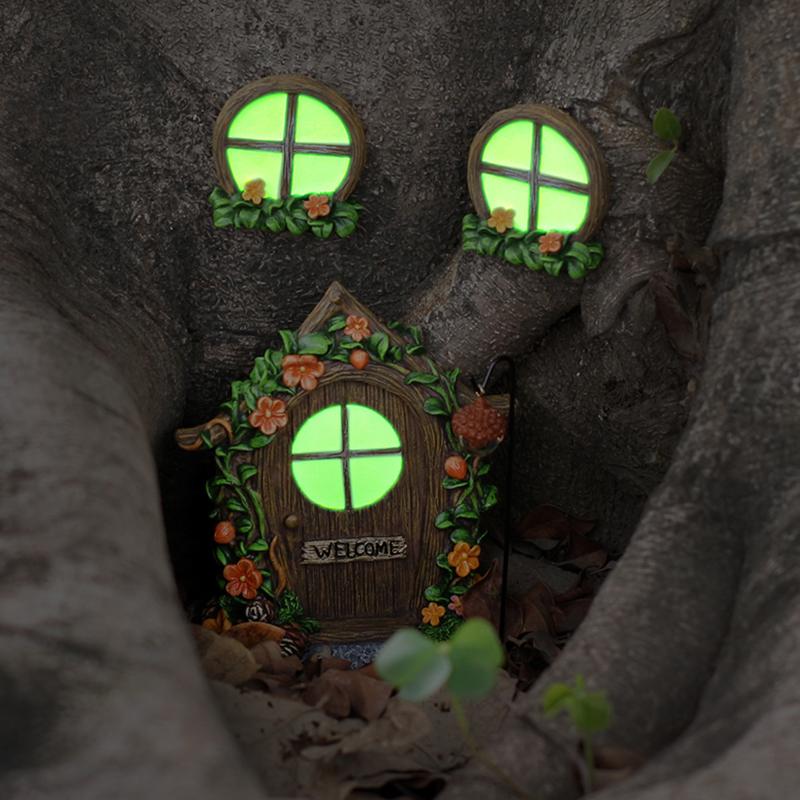 Glow in the Dark Fairy Door Windows Lantern Kit for Trees DIY Miniature Garden Outdoor Home Decor