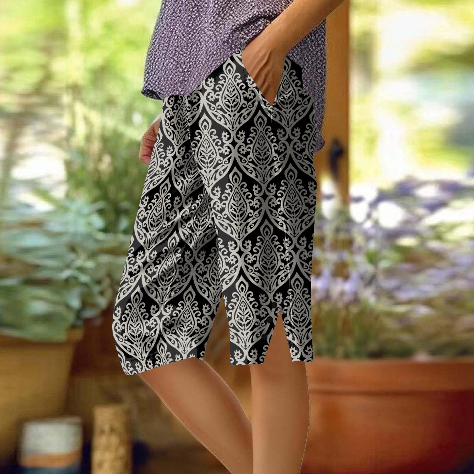 Women s Printing Pants Fashionable Pocket Elastic Waist Casual Shorts L чёрный