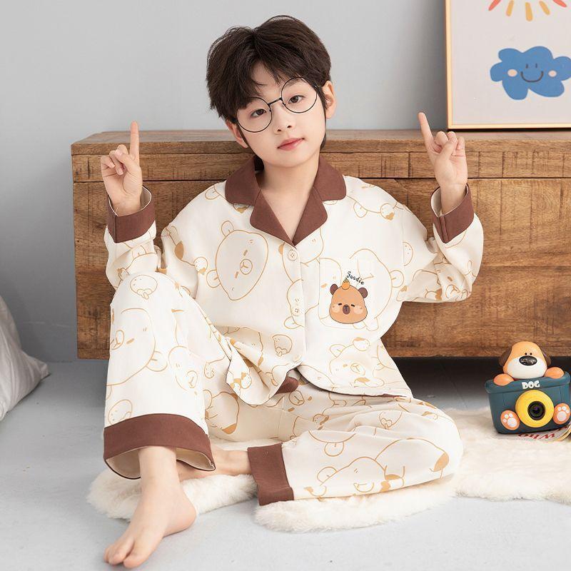 Spring & Autumn Children's Cartoon Cardigan Pajamas for Boys & Girls - Long Sleeve, Loose Fit, S/M/L Sizes