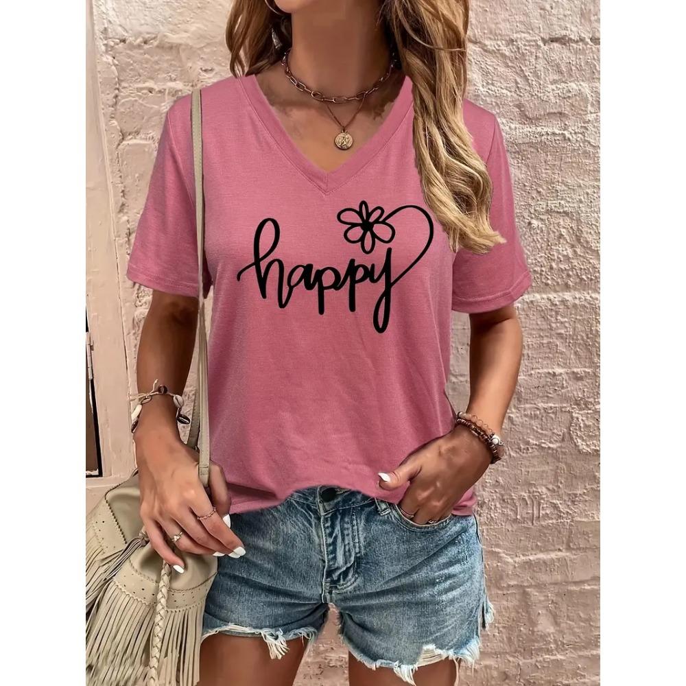 Funny Letter Print Women's T-Shirt Fashion V-neck Short Sleeve Top Casual Female Clothing Summer Fashion Flower Pattern Girl Tee