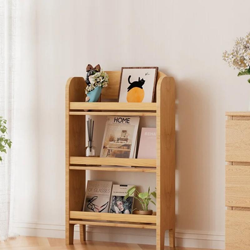 Child-Safe Solid Wood Book Organizer Slim Floor Bookcase with Wall Support Creative Narrow Storage Shelf for Bedroom&Living Room