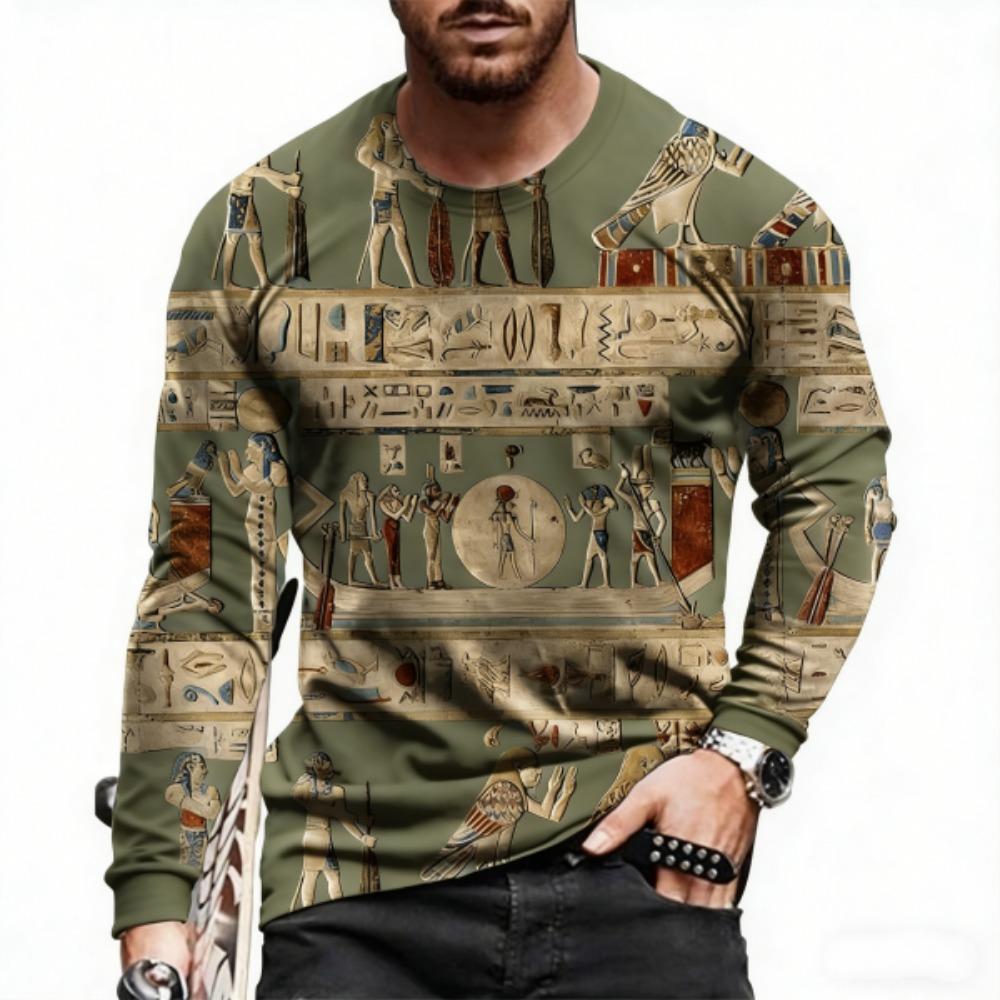 

Europe America Men s T-shirt Fashion Hieroglyphs Print Pullover Comfortable Men s Long Sleeve T-shirt Outdoor Oversized Tees Top S