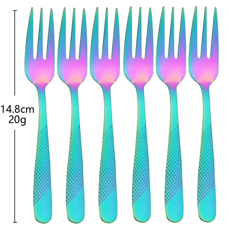 6Pcs Cutlery Stainless Steel Dinner Fruit Fork Colourful Cake Forks With Long Handle Tea Spoons Set for Hotel Party