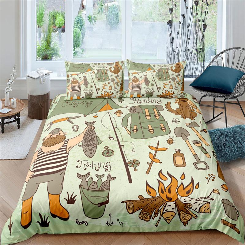 Happy Camping Dekbedovertrek Queen Cartoon Caravan Camping Beddengoedset Boerderij Stijl 3D Camper Dekbedovertrek Met Kussenslopen