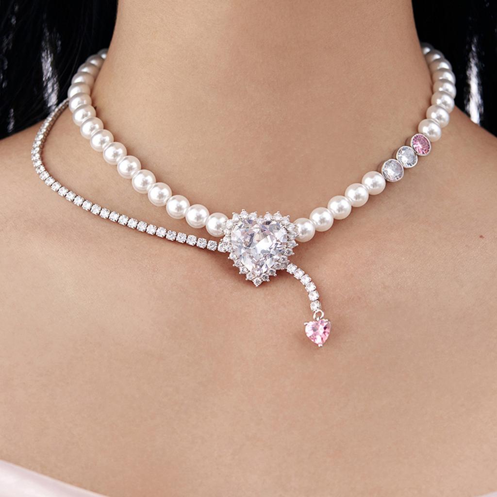 Perleťově růžový diamantový láska Splicing High-End Náhrdelník Vícevrstvý Lehký Luxus Niche Design Klíční kost Řetěz Náhrdelník Ženský