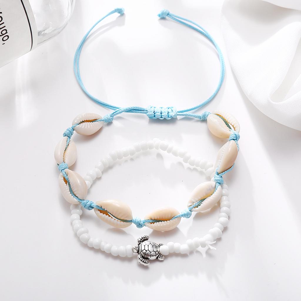 2Pcs Retro Style Beach Tortoise Shell Beads Push-pull Anklet Chain Set