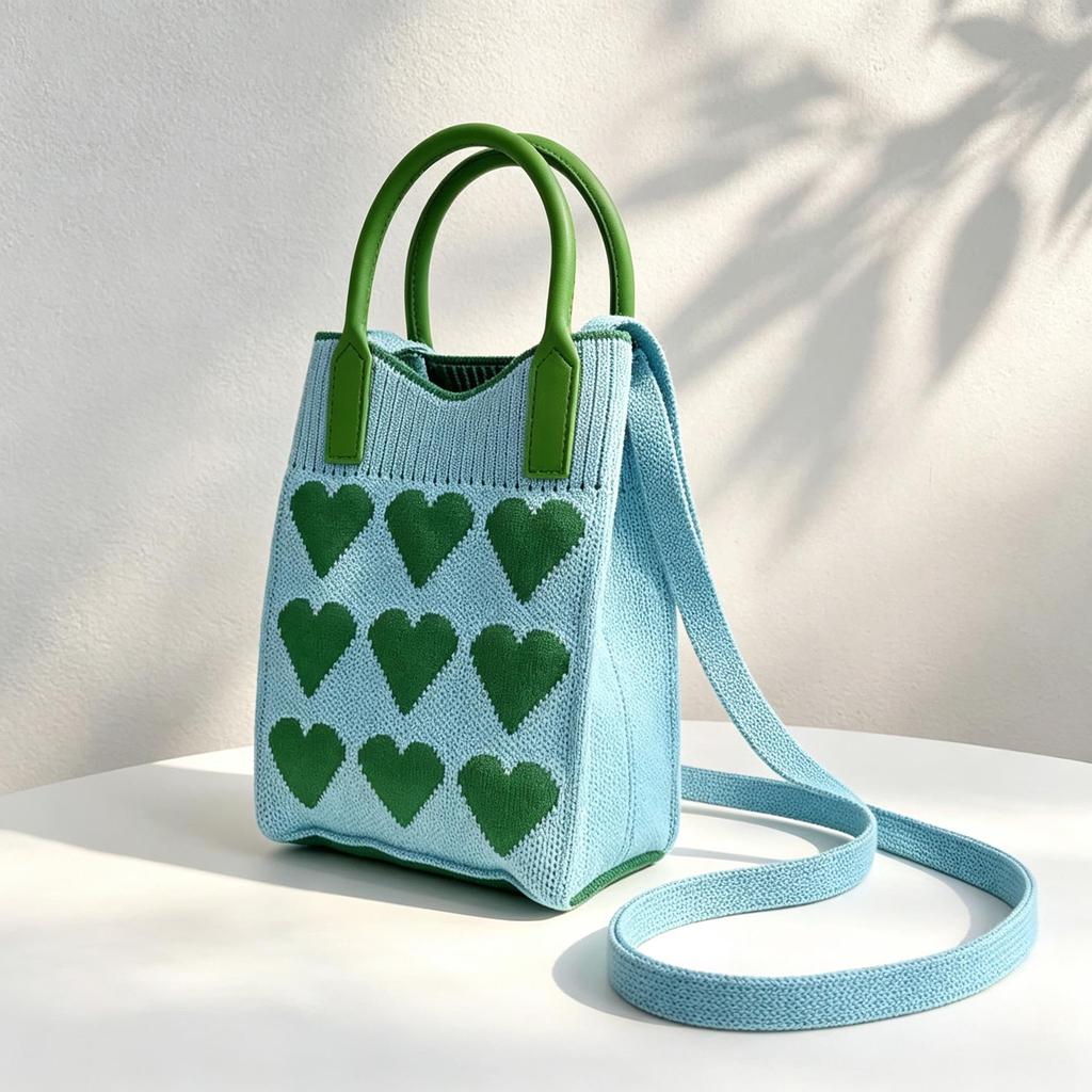 Women's Korean Style Knitted Small Square Crossbody Bag - Lightweight 3-in-1 Phone and Handheld Heart-Weave Design.