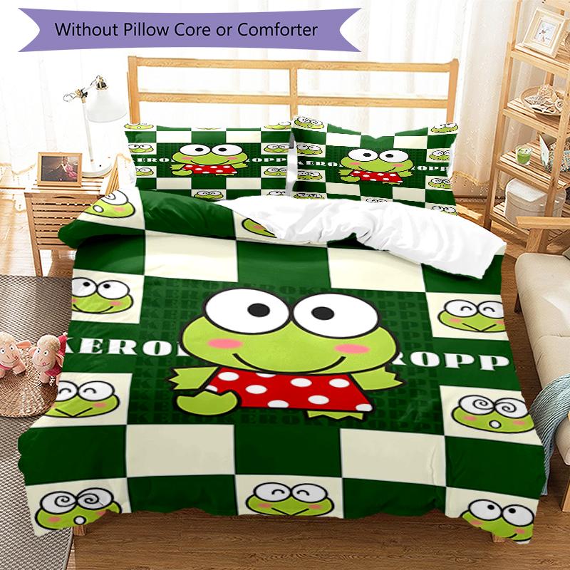3pcs Sanrio KEROKERO KEROPPI1 Design Cover Set - HD Printed Bedding with 1 Cover and 2 Pillowcases - Perfect for Home and Dorm Decor