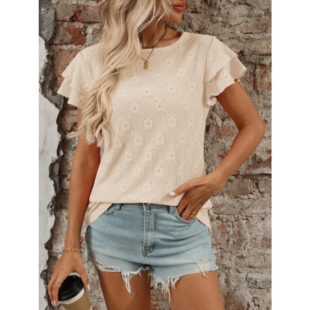 Damen Sommer Neuer Stil Einfarbig Rundhals Süß Kurzarm T-Shirt Ausgehöhltes Oberteil