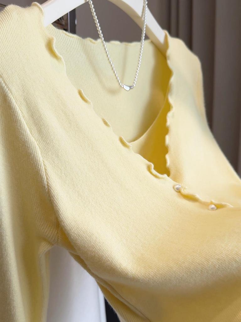 Ruffle Trim V-Neck Knit Camisole with Long Sleeve Cardigan - Women's Spring/Autumn Slim Fit Top