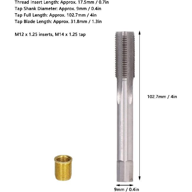 Spark Plug Thread Repair Kit, M12x1.25 Inserts and M14x1.25 Tap Stainless Steel Thread Repair Tool for Automotive Engine