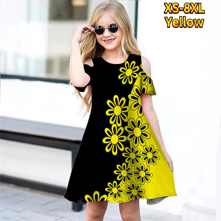 Girls Floral Pink Stitching Print Dresses Kids Girl Party Off Shoulder Dress Princess Dress Short Sleeved Dress For Girl Over 4 Years