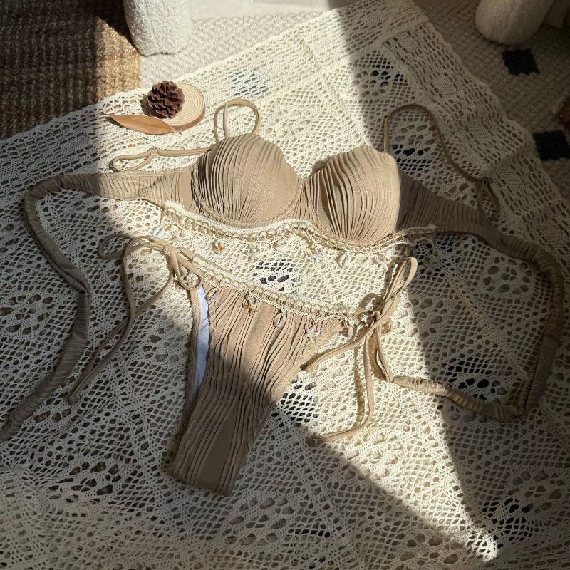 European and American New Solid Color Shell Petal Hard Bag Sexy Split Swimsuit Bikini