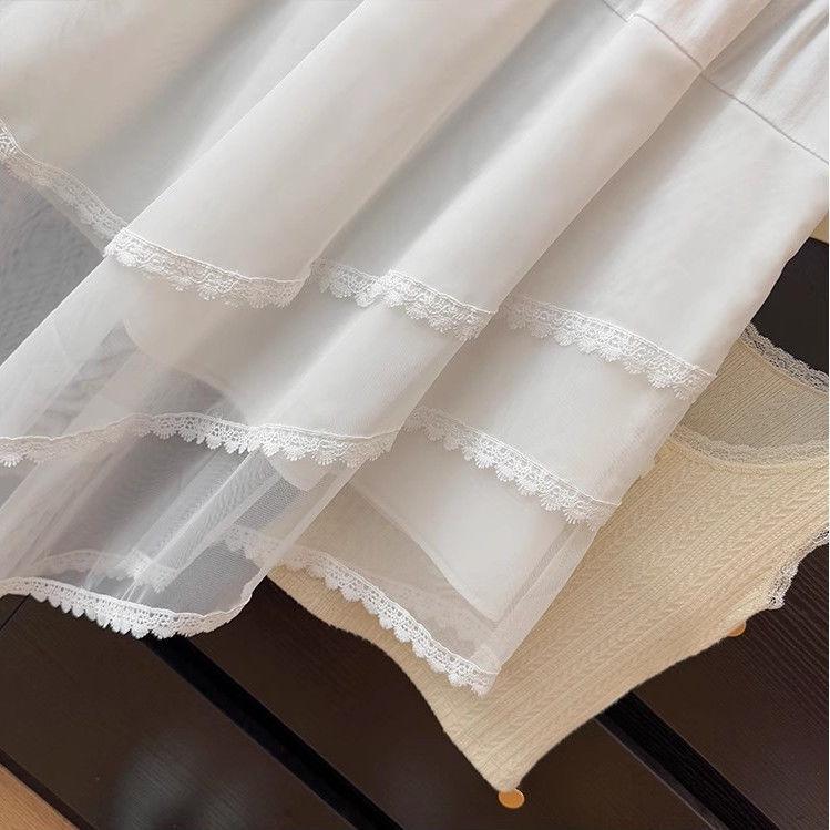 Irregular Lace Trim Mesh Midi Skirt for Women - Spring 2025 High-Waist A-Line Pleated Tiered Design.