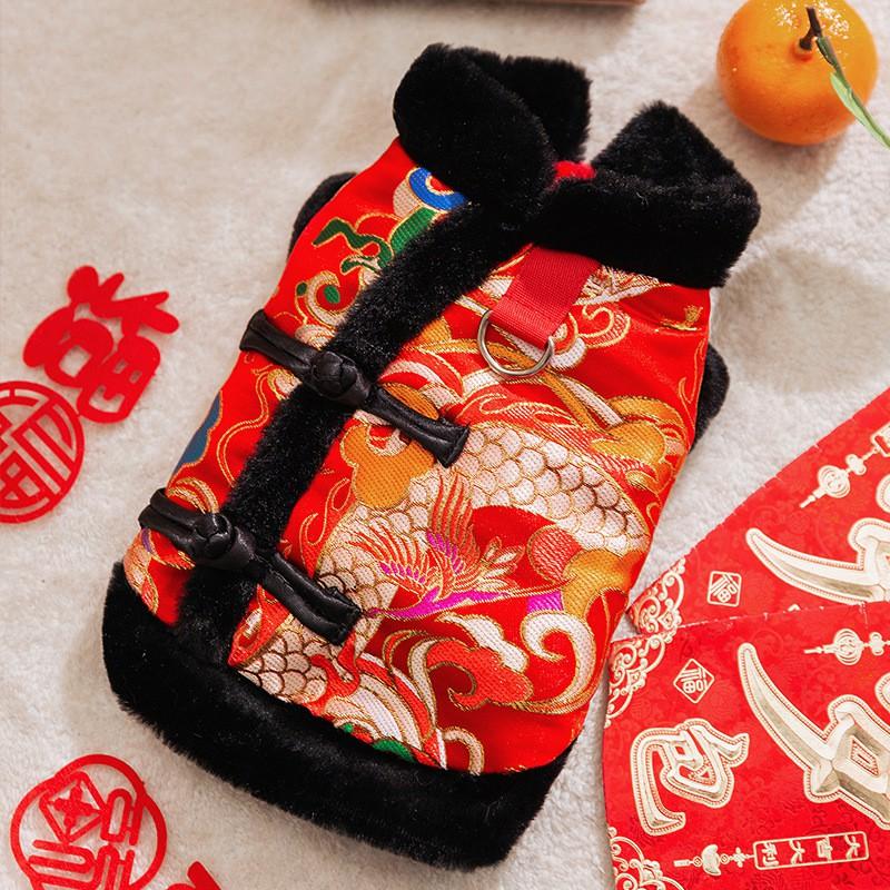 Pet Winter Vest Dogs Cats With Scarf Chinese Style Festive Outfit Warm Fleece Lined Dog Coat New Celebration