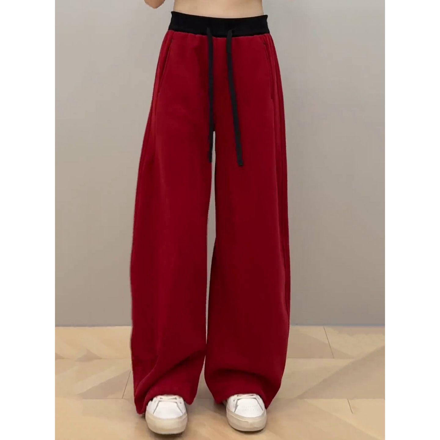 Women s Red Flannel Wide-Leg Sweatpants - Thickened, Casual Style for Autumn/Winter 2025 XL