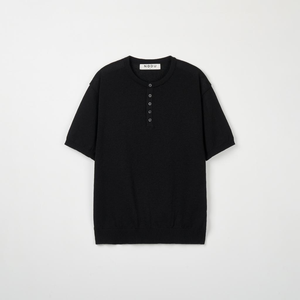 NODU Plain Henley Neck Short Sleeve Knit [Black]