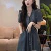 Summer 2026 Auroral French Style Denim Dress: Women's Sexy Waist-Cinched Slimming Skirt