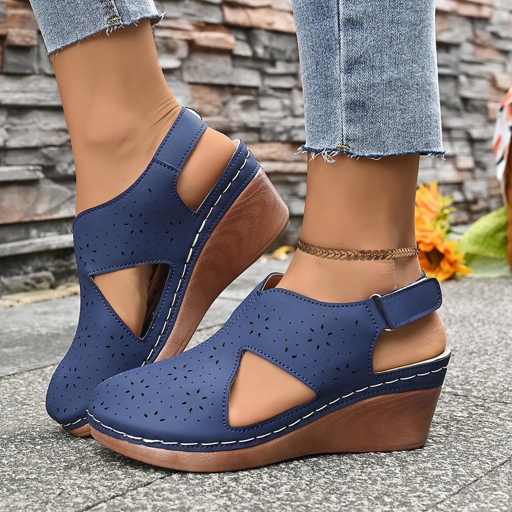 Damen Hollow Out Peep-Toe Sandalen - Verstellbarer Riemen Plateau Wedge mit Klettverschluss, Modische Freizeit-Sandalen