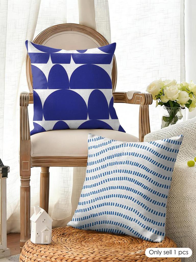 Nordic Style Geometric Blue Pattern Cushion Cover Natural Linen Organic Fabric Printing Breathable Perfect For Home Decor