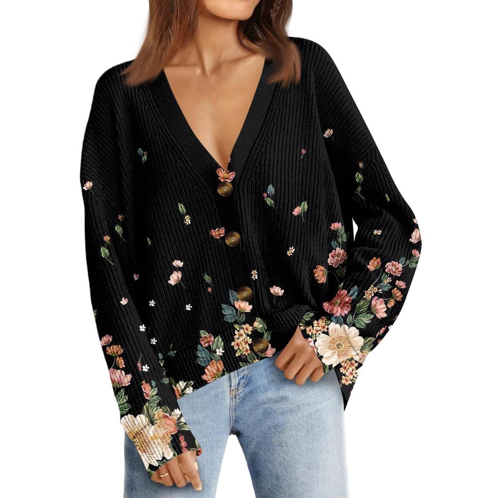 Women's Fashion Long Sleeve Print V-Neck Button Loose Cardigan Top