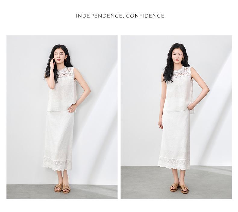French Niche 100% Linen Lace T-Shirt Vest Top + Exquisite Midi Skirt Set