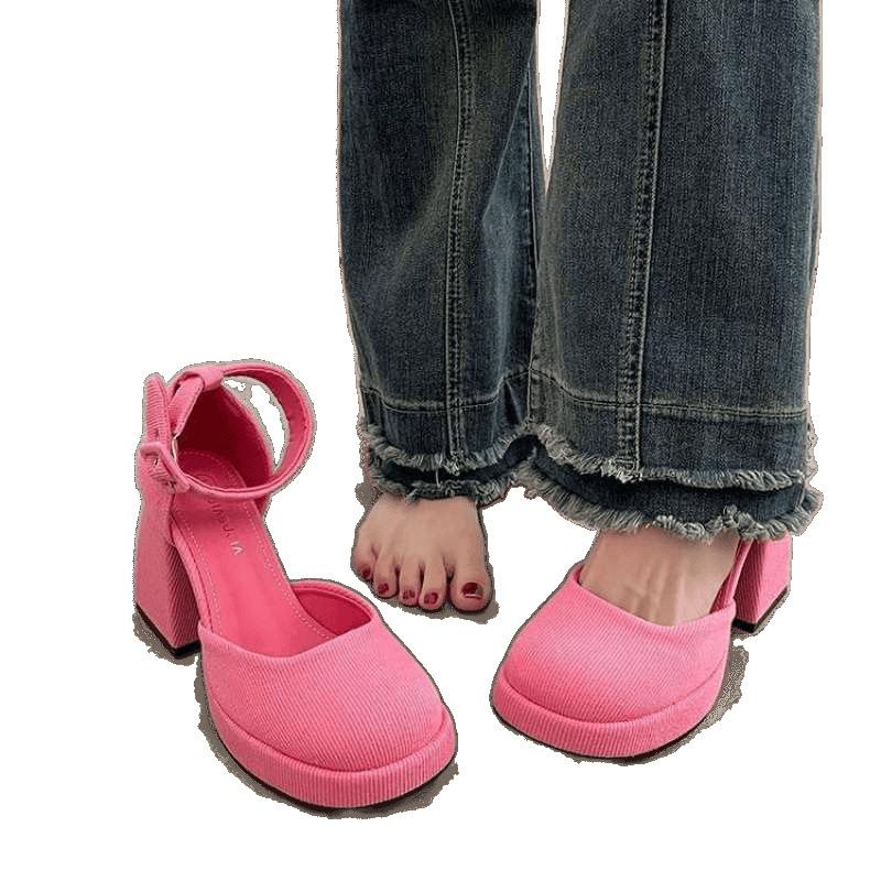 Small high-heeled thick-heeled Mary Jane shoes women's waterproof table hollow bag head sandals spring 2025 new pink