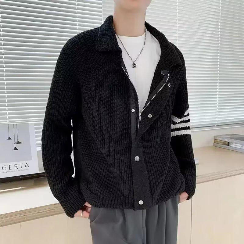 

Унисекс японский контрастный вязаный кардиган: Свободная, теплая куртка с застежкой-молнией на лацкан XXL чёрный