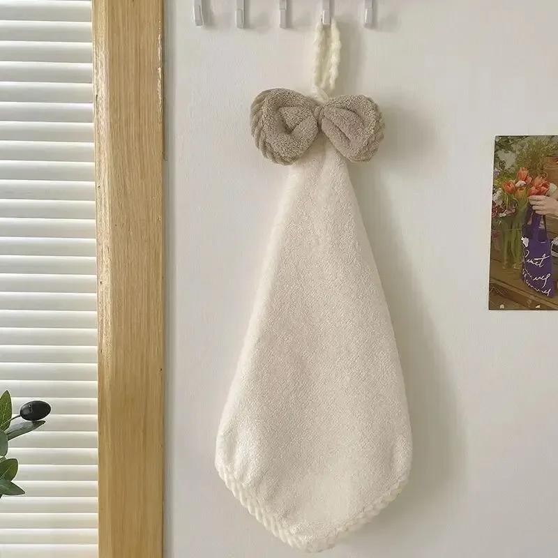 Hand Wiping Cute Bow Hanging Coral Fleece Hand Towel Bathroom Absorbent Small Towel Quick Drying White Pink бежевый