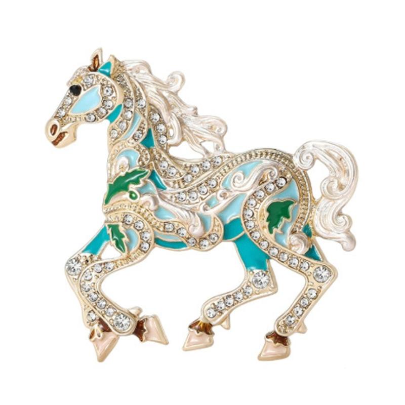 Trendy Enamel Horse Shaped Brooch Rhinestones Embellished Decorative Jewelry for Dresses Jackets Bags