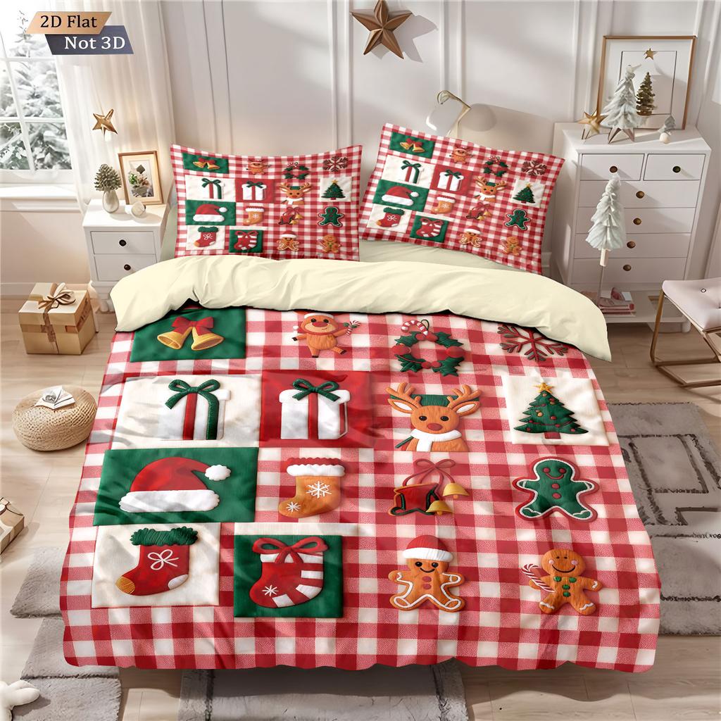 3pcs Christmas red checkered printed coreless bedding set multiple sizes bedrooms dormitories comfortable, machine washable