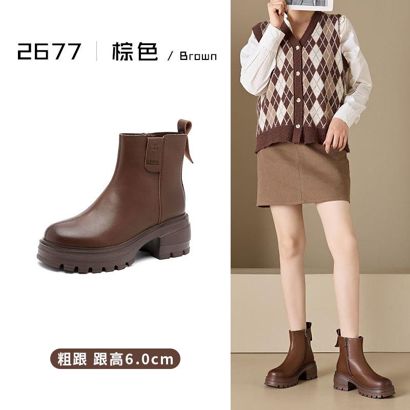 Autumn and winter leather high-heeled Martin boots women's platform short boots retro slim knight boots British versatile medium women's boots