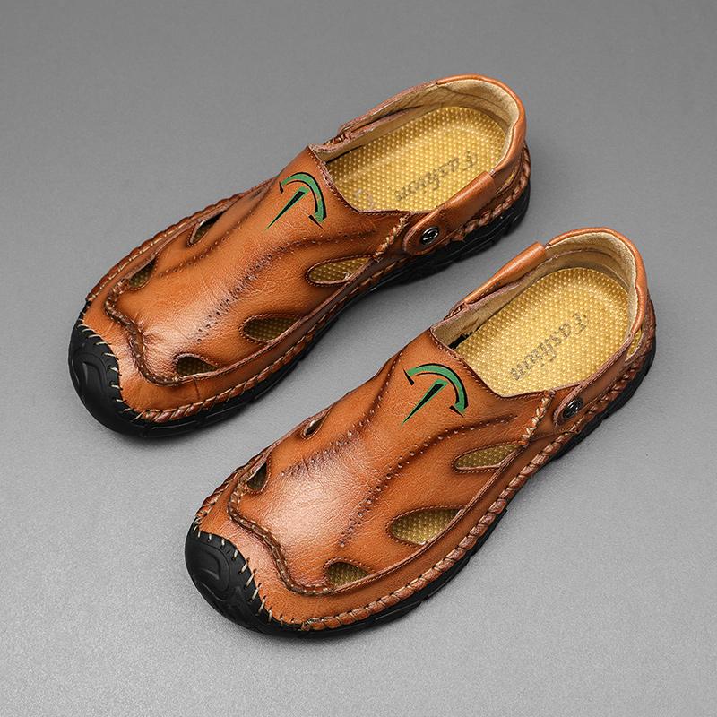Men's Handmade Leather Sandals Luxury Designer Flat-bottomed Baotou Hollowed-out Leisure Resort Beach Shoes Large Men's Slippers