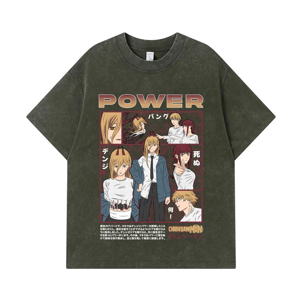 

275 GSM Washed T-shirts 100% Cotton Chainsaw Man V1 Power Print Unisex Heavy Cotton T Shirt S