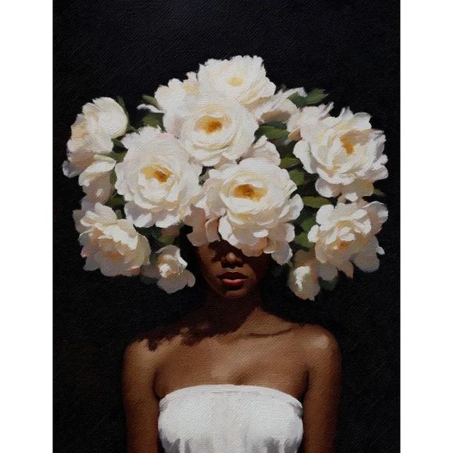 Elegant African American Woman with Floral Head Poster  Sexy Black Girl Canvas Painting Wall Art for Living Room Home Decor Mura