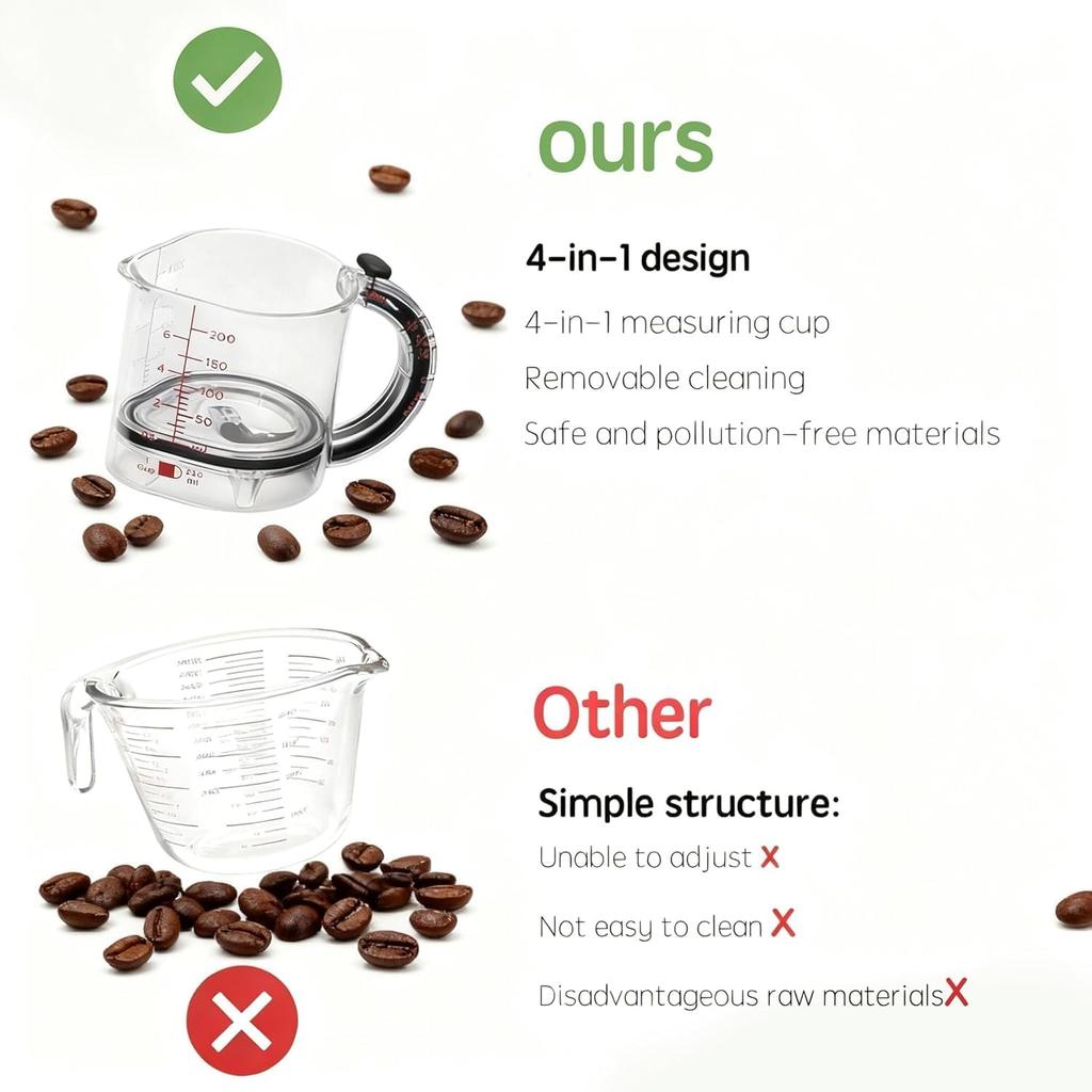 Kubek pomiarowy 4 w 1 z regulacją i uchwytem, Regulowana podstawa i uszczelka typu skrobak, Oszczędzający miejsce, Łatwy do czyszczenia do gotowania i pieczenia &