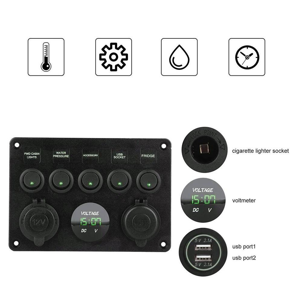 Dual USB Socket 5 Gang Switch Panel 12V/24V ON-OFF Toggle For Car Inline Fuse Box  RV