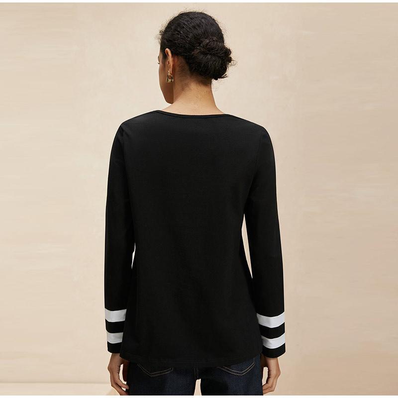 Autumn and Winter Women's Long Sleeve Slim Top Casual Black and White Color Blocked V-neck Women's Commuting Tops