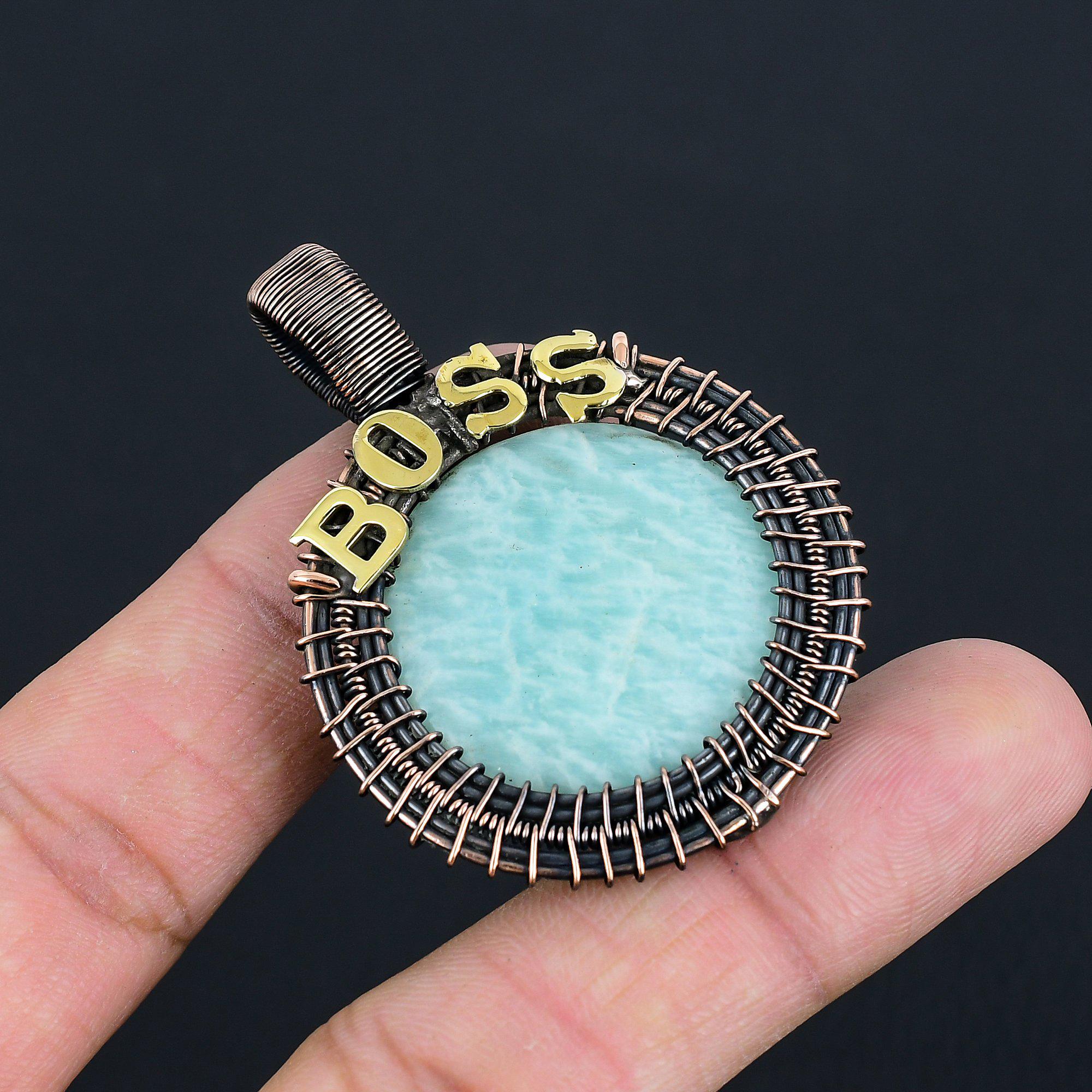 

Подвеска Boss из натурального амазонита с драгоценным камнем | Окисленная медная проволока в обмотке | Ожерелье-подвеска | Медные подвески ручной работы для нее/него