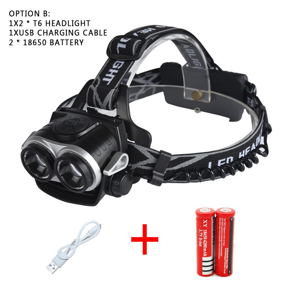 

Двухъядерный T6 мощный налобный фонарь с зарядкой через USB, мощный телескопический налобный фонарь с зумом, велосипедный налобный фонарь K77A+USB+2x18650 чёрный