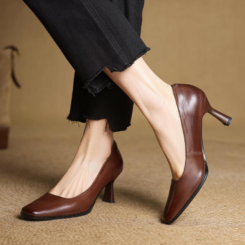 New Leather Women's Single Shoes, Comfortable Square Head, Four-season Wear Women's Shoes, High Heels, Small Leather Shoes, Thin Heels, Beef Tendon