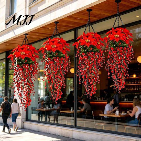 Pendant Bouquet for Window Christmas Poinsettia Hanging Garland, Artificial Silk Flowers with Red Berries Festive Balcony Ornament And Greenery, 85cm