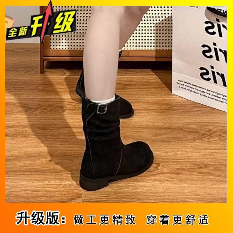 Single Boots Thin Sleeve Martin Boots Pile Boots Retro Medium Boots Women's 2025 Autumn and Winter New Flat Short Boots Women's