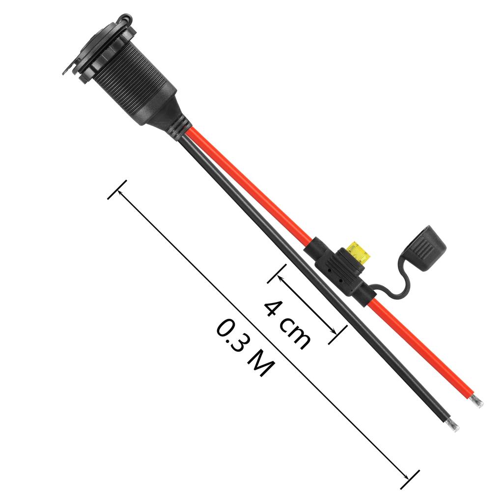 CERRXIAN /24V Fixed Thread Cigarette Lighter Socket Extension Cable, 20A 13AWG Waterproof Cigarette Igniter Female Socket Replacement Cable (0.3M)