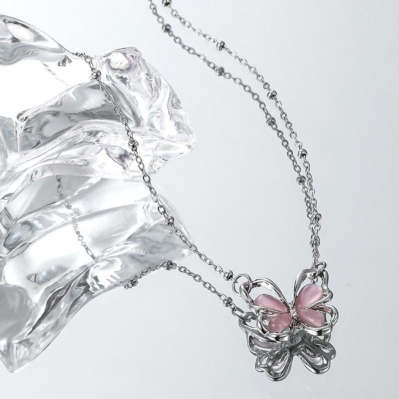 Pink Cat's Eye Butterfly Pendant Necklace - Light Luxury Clavicle Chain for Women