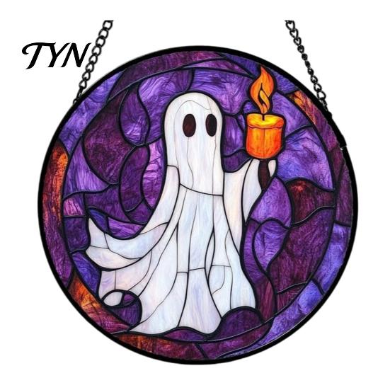 Seasonal Decorative Disc Retro Halloween Pendant, Ghost/Bat/Spider Web/Pumpkin Head Print, Door Handle Welcome Sign Vintage Acrylic Hanging