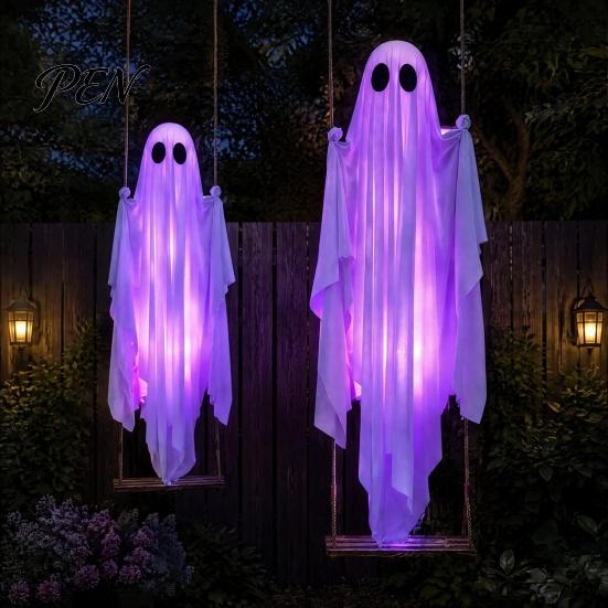 Halloween Partyartikel für Erwachsene Hängende Geisterschaukel Dekoration mit Fernbedienung & LED-Lichterkette, Wasserdichte Gruselige Beleuchtete Veranda Dekoration