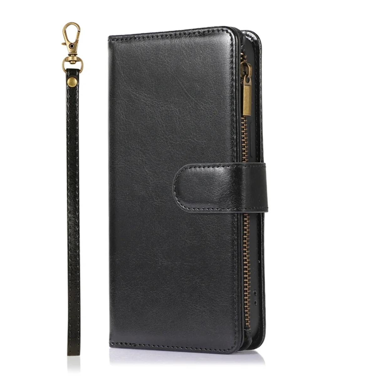 

Многофункциональный двухслойный чехол-кошелек на молнии для iPhone 15 14 13 12 Pro Max Samsung S24 S23 S22 Ultra A54 A15 A35, слоты для карт, ремешок на запястье, откидная крышка iPhone 13 Pro Max чёрный
