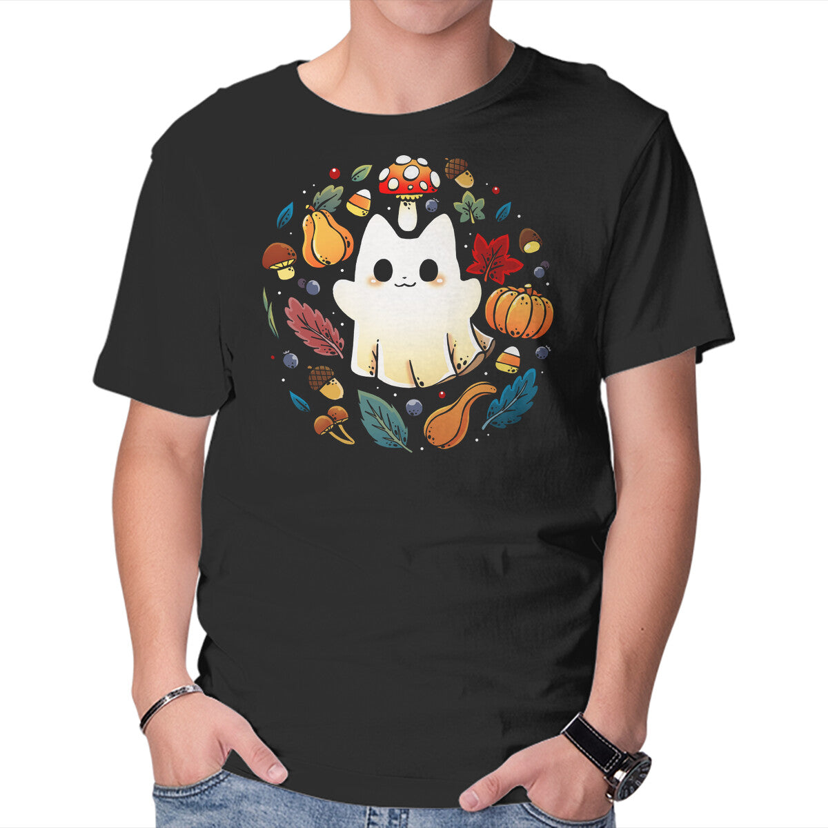 Unisex Crew Neck T-Shirt Kitten Ghost Autumn Graphic Short Sleeve Casual Tee XXXXL